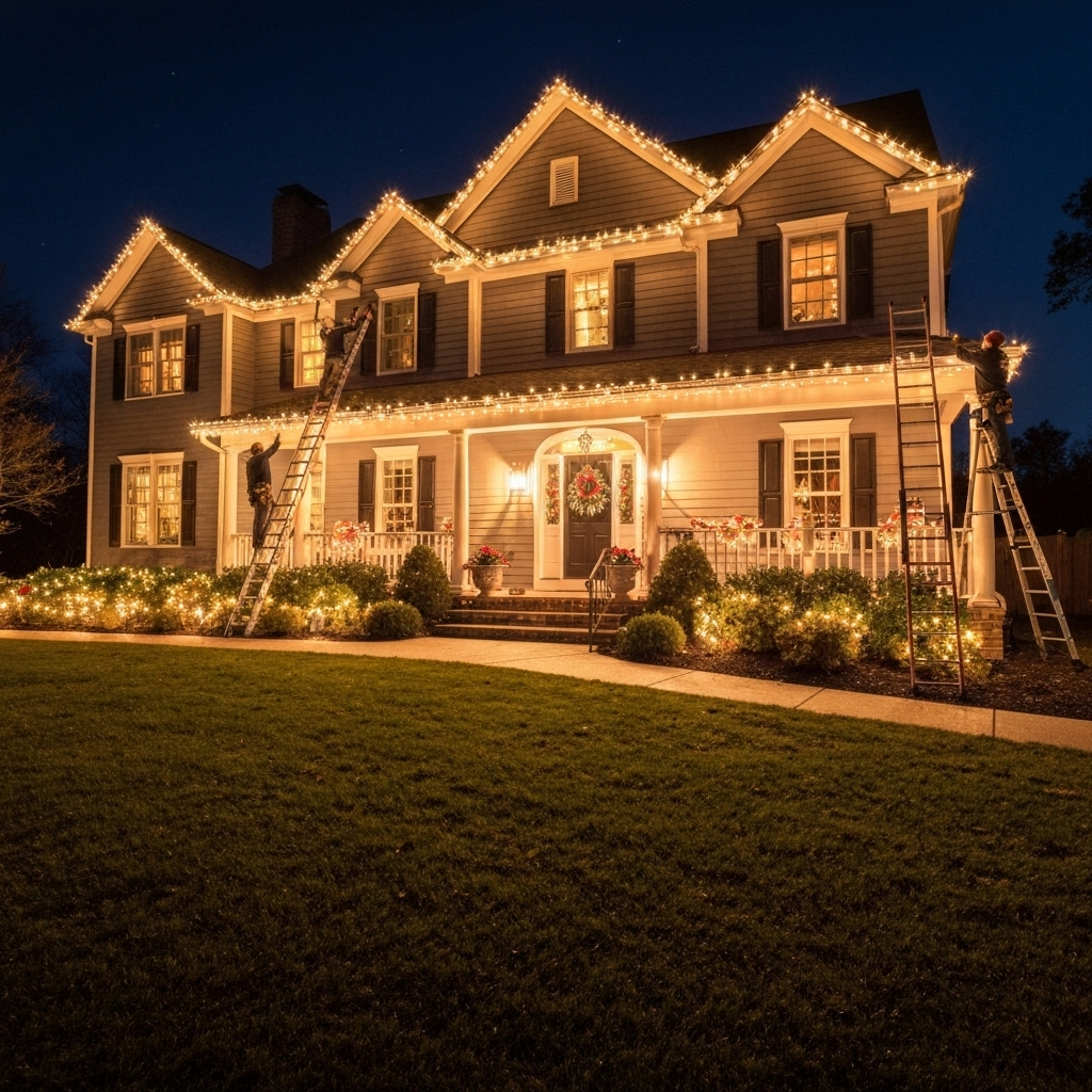 Professional Christmas lights installation on house exterior